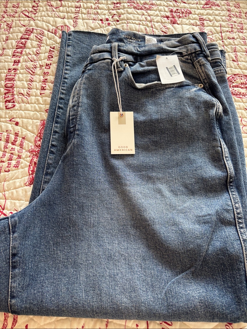 NWT Good American Good Skate Crop Wide Leg Jeans in Mid Blue Wash SZ 18